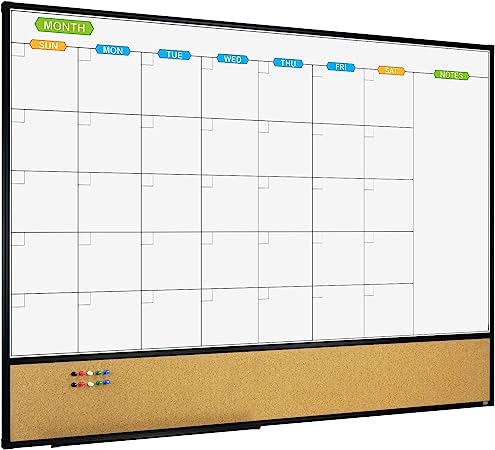 JILoffice Magnetic Calendar Whiteboard & Bulletin Corkboard Combination, Combo Board 48 x 36 Inch, Black Aluminum Frame Wall Mounted Board for Office Home and School with 10 Push Pins