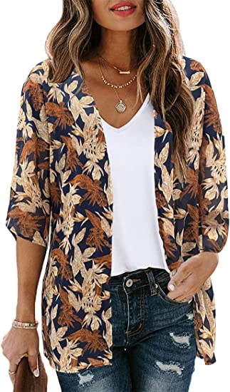 Women's Floral Print Puff Sleeve Kimono Cardigan Loose Cover Up Casual Blouse Tops