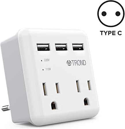 European Plug Adapter, TROND International Power Adapter with 3 USB 2 Outlets, Travel Adapter for US to Europe France Germany Iceland Italy Spain, Type C