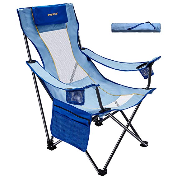 #WEJOY Lightweight Compact Portable Comfortable Folding High Seat High Back Reclining Beach Chair with Pillow Cup Holder Pocket Mesh Back for Outdoor Camping Lawn Concerts, Carry Bag Included
