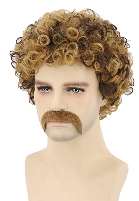 Topcosplay Men's Wig 70s Disco Dude Dirt Bag Wig & Moustache Short Curly Afro Shaggy Wig Blonde Mixed Brown