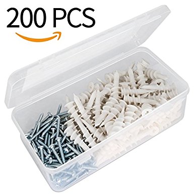 Drywall Anchors With Screws, Plastic Self Drilling Dry Wall Anchors - 200 Pieces