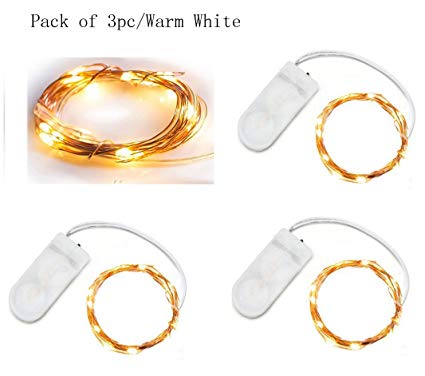 Pack of 3 LED Moon Lights 20 Micro Starry LEDs on Copper Extra Thin Copper Wire, 2 x CR2032 Batteries Required and Included, 3.5 Ft (1m) for DIY Wedding Centerpiece or Table Decorations (Warm White)