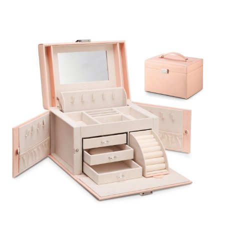 Vlando Faux Leather Jewelry Box Organizer, Vintage Gift Case with 6 Colors Avaliable (Pink-Cross Pattern)