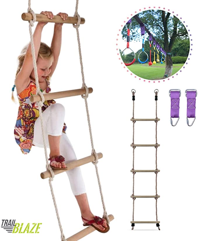 Trailblaze Premium Climbing Rope Ladder for Kids 6ft - Buckle Straps Connect Ladder to Ninja Warrior Obstacle Course for Kids | Playground Swingset Accessories Outdoor Play Equipment for Kids