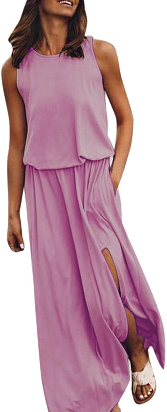 Women's Fashion Summer Maxi Dresses Sleeveless Round Neck Flowy Split Side Loose Boho Beach Vacation Tank Dress