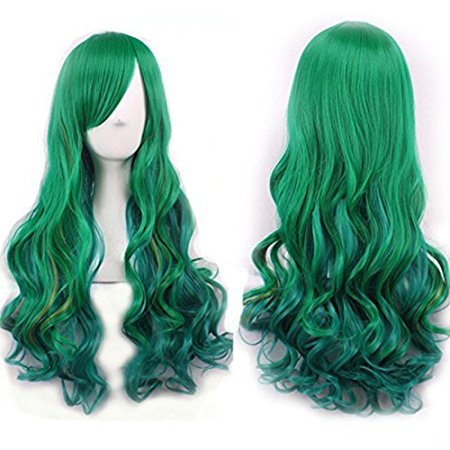 Netgo Women's Green Wig Long Curly Hair Heat Resistant Fiber Wigs Harajuku Lolita Style for Cosplay