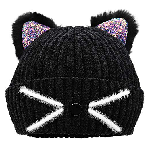 Bellady Mother Children Sequin Cat Ears Hats Warm Knit Crochet Beanies Cute Fashion Skull Cap