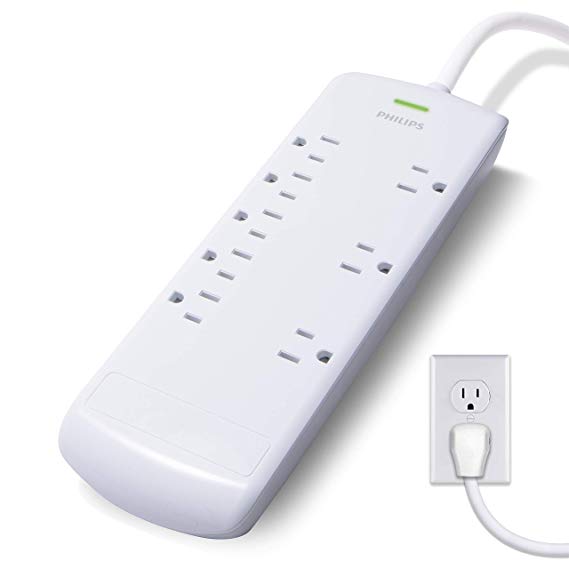 Philips 8 Outlet Power Strip Surge Protector, 8ft Extra-Long Power Cord, Flat Plug, Wall Mount, 2160 Joules, ETL Listed, Circuit Breaker, Automatic Shutdown, White, SPP3086WB/37