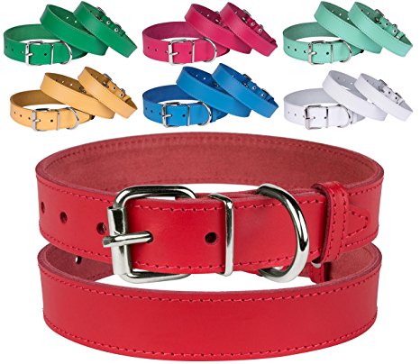 BronzeDog Handmade Genuine Leather Dog Collar, Puppy Leather Collar for Dogs, Small Medium Large, Pink Red Blue Green Turquoise White Yellow