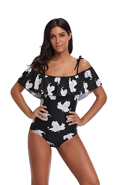 SherryDC Women's One Piece Floral Printed Off Shoulder Ruffles Swimsuit Bathing Suit Swimwear