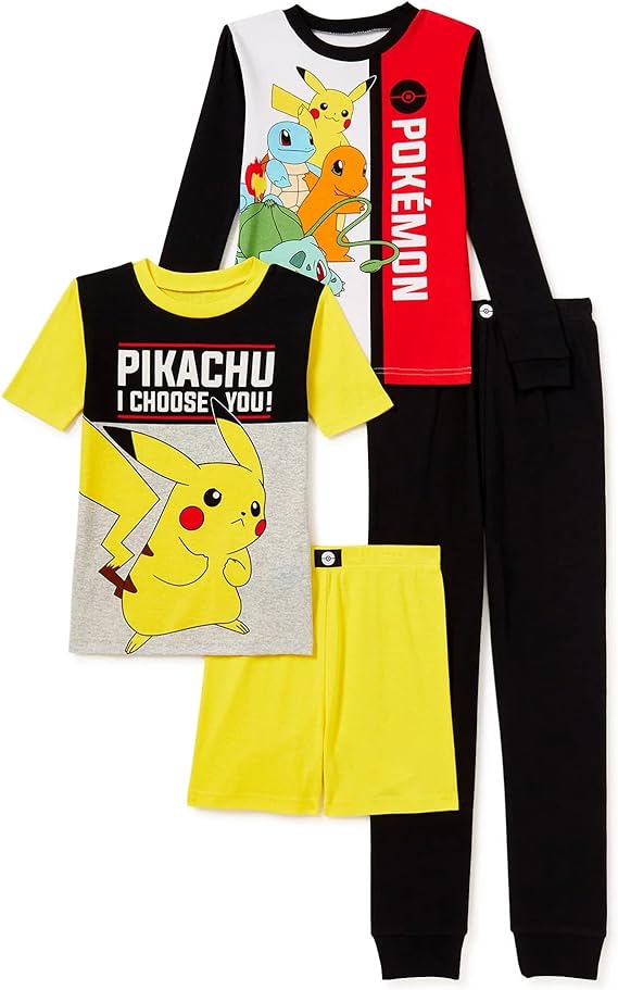 Pokemon Boys Pikachu Pajamas Set - 4 Piece Short Sleeve Pajamas - Short Sleeves, Shorts and Pants Pajamas Set