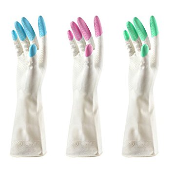 3 Pairs Waterproof Cleaning Rubber Gloves for Kitchen Dish Washing Laundry Cleaning (Medium Size,Bright Finger Colors)