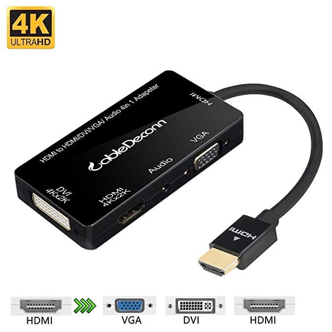 CableDeconn Multiport 4-in-1 HDMI to HDMI DVI 4K VGA Adapter Cable with Audio Output Adapter Converter (Black)