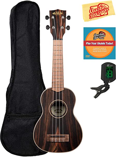 Kala KA-EBY-S Striped Ebony Soprano Ukulele Bundle with Gig Bag, Tuner, Austin Bazaar Instructional DVD, and Polishing Cloth, Bundle w/ Gig Bag, Soprano