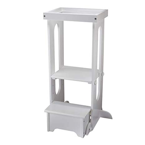 Little Partners Explore n Store Learning Tower Kids Adjustable Height Kitchen Step Stool for Toddlers or Any Little Helper (Soft White)