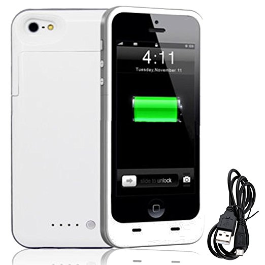iPhone 5S 5 Battery Case, Rechargeable Portable 2500mAh Backup Power Bank External Protective Charger Case For iPhone 5S / 5, Full Body Protection,LED Battery Level Indicator (White)