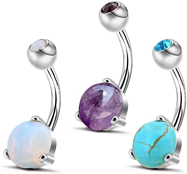 OUFER Belly Bars 316L Surgical Steel Prong Set Amethyst Turquoise Opalite Stone Navel Piercing