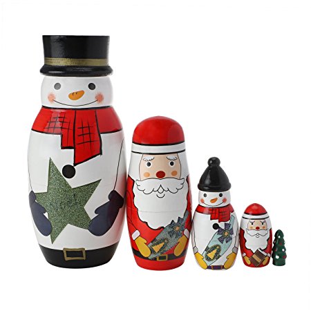 WOVTE Cutie Lovely White Snowman Santa Claus Christmas Tree Nesting Dolls Matryoshka Madness Russian Doll Popular Handmade Kids Girl Gifts Toy Set of 5