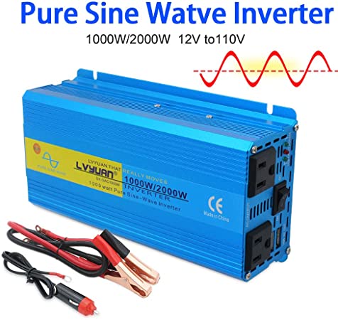 LVYUAN 1000W Pure Sine Wave Power Inverter 12V to 110V 120V DC to AC 60HZ with Dual USB Ports and Dual AC Outlets for Car/RV Home Solar System