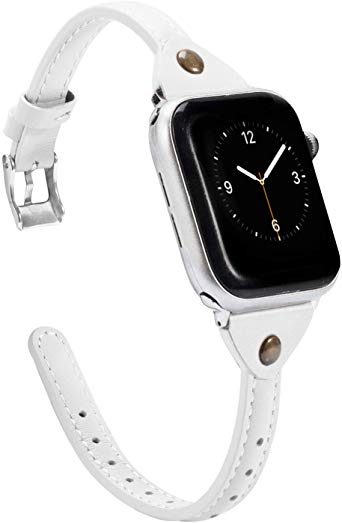 Wearlizer White Thin Leather Compatible with Apple Watch Bands 38mm 40mm for iWatch Womens Narrow Strap Rivet Slim Sleek Stylish Cute Dressy Wristband (Silver Clasp) Series 5 4 3 2 1 Edition Sport