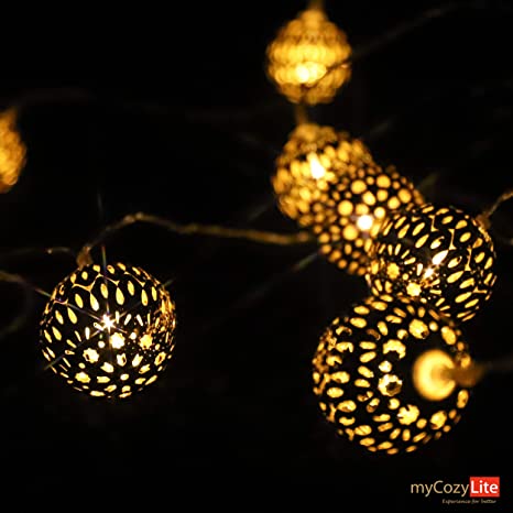 LED Globe String Lights, Warm White Moroccan Lights, Battery Powered with Timer, Unique Pattern, 20 Golden Metal Globes, for Indoor and Outdoor,10ft