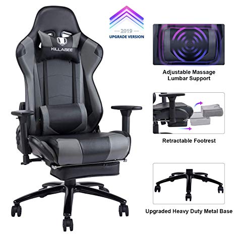 KILLABEE Big and Tall 159kg Massage Gaming Chair Racing Office Chair - Adjustable Massage Lumbar Cushion, Retractable Footrest and Arms High Back Ergonomic Leather Computer Desk Chair, Grey