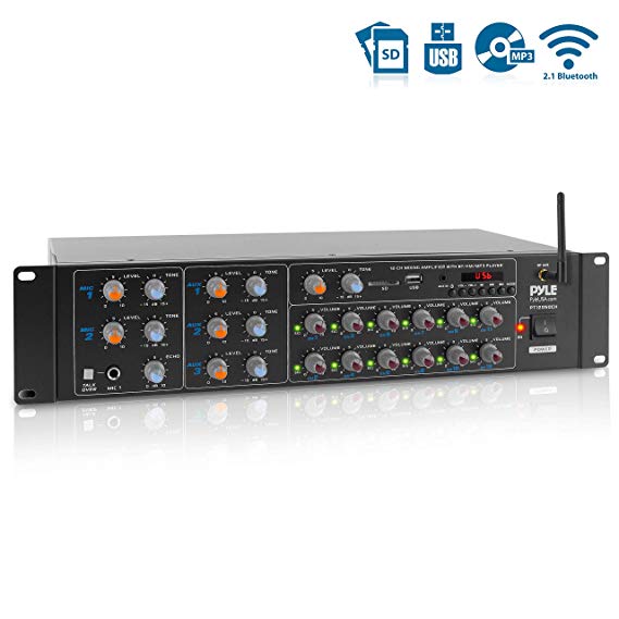 12-Channel Wireless Bluetooth Power Amplifier - 6000W Rack Mount Multi Zone Sound Mixer Audio Home Stereo Receiver Box System w/RCA, USB, AUX - for Speaker, PA, Theater, Studio/Stage - Pyle PT12050CH