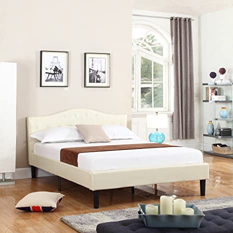 Divano Roma Furniture Classic Deluxe Bonded Leather Low Profile Platform Bed Frame with Curved Headboard Design and Button Details-Fits Full Mattresses-Ivory