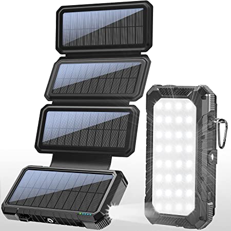 BLAVOR Solar Charger with Foldable Panels, Outdoor Power Bank 18W Fast Charging, 20,000mAh Solar Powered Charger with Camping Light/Flashlight/Compass Type C USB Charger 3 Outputs/Dual Inputs (Black)