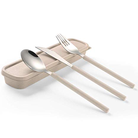 YBOBK HOME Portable Flatware Set with Case Stainless Steel Knife Fork and Spoon Reusable Flatware Set Dishwasher Safe Flatware Utensils with Colored Handle for To Go Anywhere (Beige)