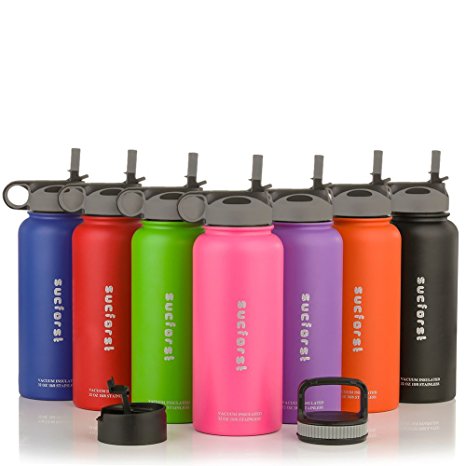 SUCFORST Water Bottle  2 Extra Lids- Vacuum Insulated Stainless Steel Wide Mouth Travel Mug - Powder Coated Double-Walled Flask,36 oz,32 oz,24 oz,18 oz