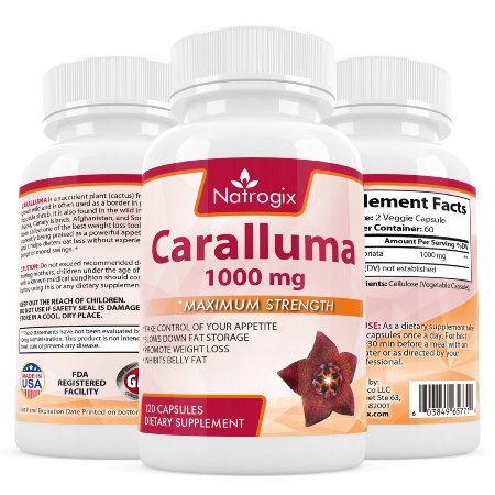 Natrogix 1000mg Caralluma Fimbriata Extract - Advanced Natural Herbal Appetite Suppressant to Lose Weight, Made in USA (120 Capsules).