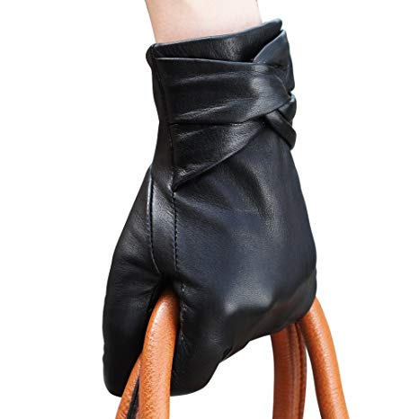 Traditional Womens Winter Texting Touchscreen Driving Leather Gloves Wool Blend Lining with Crossing Bow
