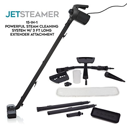 Jet Steamer - 15 in 1 Handheld Multi-Purpose Steam Cleaning System - Portable - Extra Long 3ft Floor Attachment - Garments - Kitchen - Bathroom - Car - Bed Bugs