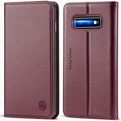 SHIELDON Galaxy S10E Case, Genuine Leather Galaxy S10E Magnetic Wallet Flip Case with Kickstand RFID Blocking Card Slots Gift Box Compatible with Galaxy S10E (5.8 Inch 2019 Release) - Wine Red