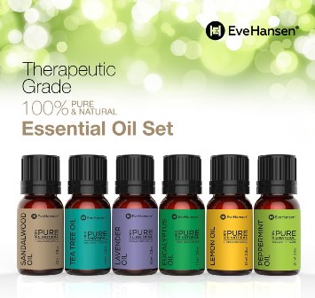 Eve Hansen Essential Oil Gift Set (Sandalwood, Tea Tree, Lavender, Eucalyptus, Lemon, Peppermint) - 100% Pure Therapeutic Grade - 6 Bottles/10ml. Perfect stater pack for aromatheraphy or relaxation.