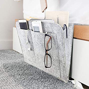 DOURR Felt Bedside Caddy, Bedside Pocket Caddy Bed Organizer Storage Inside with 5 Pockets and Charging Cable Hole for Organizing Tablet Magazine Phone Small Things Holder (Gray)
