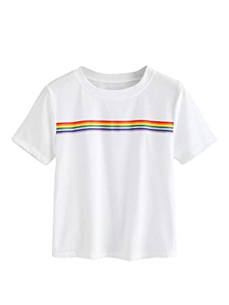 Romwe Womens Summer Rainbow Color Block Striped Crop Top School Girl Teen Tshirts