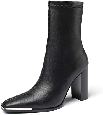 vivianly Womens Block High Heels Square Toe Mid-Calf Boots