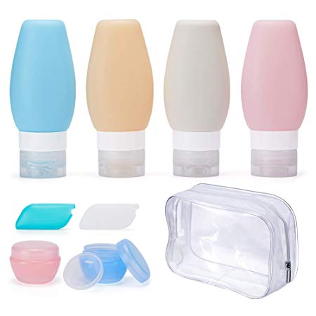 Travel Bottles, Xboun Leakproof Silicone Refillable Travel Containers, 3 oz TSA Approved Squeezable Travel Tube Sets with Cosmetic Containers(10mL) & Toothbrush Cover for Shampoo Lotion Soap