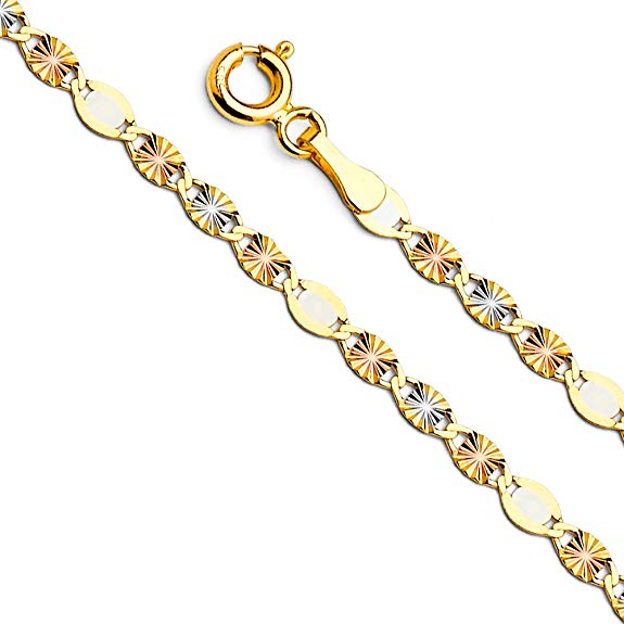 14k Tri Color Gold Solid 3mm Flat Valentino Star Diamond Cut Chain Necklace with Spring Ring Clasp