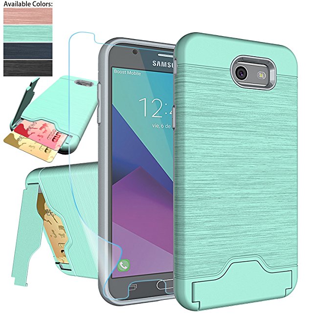 Galaxy J7 V / J7 Perx/J7 Prime/J7 Sky Pro/Halo Case with Screen Protector,NiuBox [Card Slot Wallet Fit Card][Kickstand] Full Body Shock Absorption Protective Phone Case for Samsung J7V 2017-Turquoise