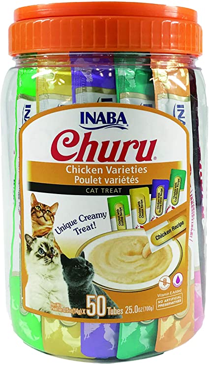 INABA Churu Lickable Purée Wet Treat for Cats | Playful Hand Feed or as Food Topper | Grain Free, Preservative Free, with Added Vitamin E and Green Tea | 50 Tube Chicken Variety Pack