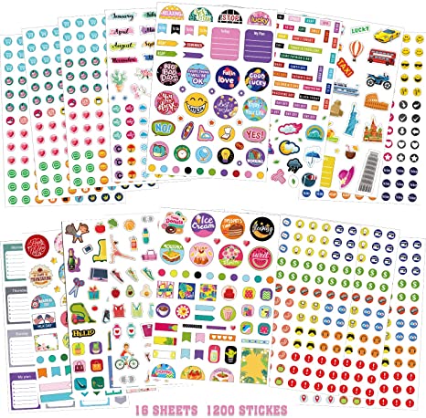 16 Sheets Planner Stickers Set, Over 1200 Assorted Mini Icons Daily Stickers Variety Monthly Tabs for Adults DIY Calendar Work Planning Budget Family Holidays Journaling Week Daily Planner Sticker