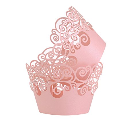 Aiyaya Filigree Artistic Muffin Case Cupcake Paper Cup Liner Little Vine Lace Laser Cupcake Wrappers for Wedding Party Birthday Decoration (Lace Pink)