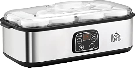 HOMCOM Yogurtera 30W Capacidad 1,44L con 8 Tarros de Cristal de 180 ml Termostato Ajustable Temporizador de 1-48 Horas y Apagado Automático 36x18,8x14 cm Plata