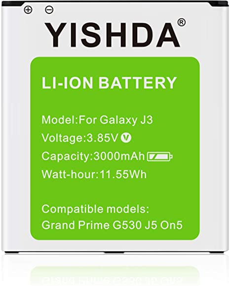 Galaxy J3 Battery, YISHDA 3000mAh Li-ion Replacement Battery Compatible with Samsung Galaxy Grand Prime SM-G530, Galaxy J5, Galaxy On5 G530 EB-BG530BBC EB-BG530BBE EB-BG530BBU [18 Month Warranty]