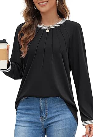 MEROKEETY Women's 2024 Fall Long Sleeve Tops Pleated Crew Neck Color Block Casual Loose Tee Shirts