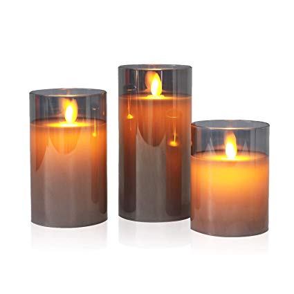 Gray Glass LED Candles with Moving Flame Battery Operated Flickering Candles with Timer, Batteries Included - Set of 3